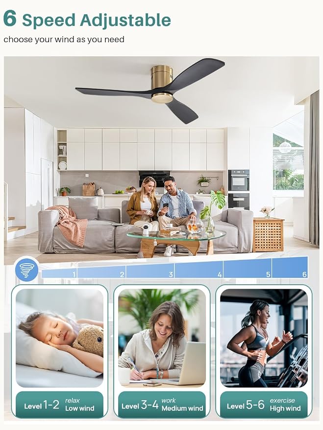 Sofucor 52 Inch Smart Ceiling Fan Without Lights Flush Mount Solid Wood Ceiling Fan with Alexa/Google Assistant/APP/Remote Control-Modern Outdoor Ceiling Fans No Light for Bedroom/Patio, Black Gold