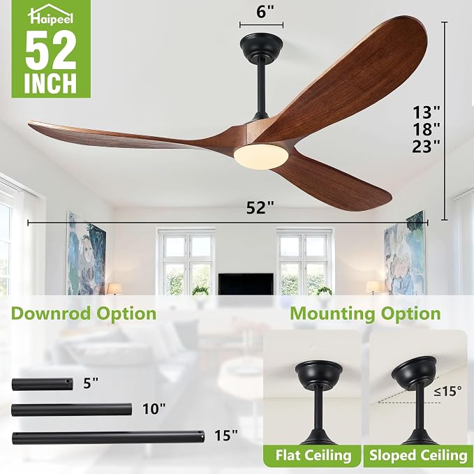Haipeel 52 Inch Outdoor Ceiling Fan with Light and Remote, Solid Wood | Dimmable 3 Color LED with Memory 3 Blade Walnut Propeller Quiet High CFM Reversible BLDC, Damp Rated Outdoor Patios Farmhouse