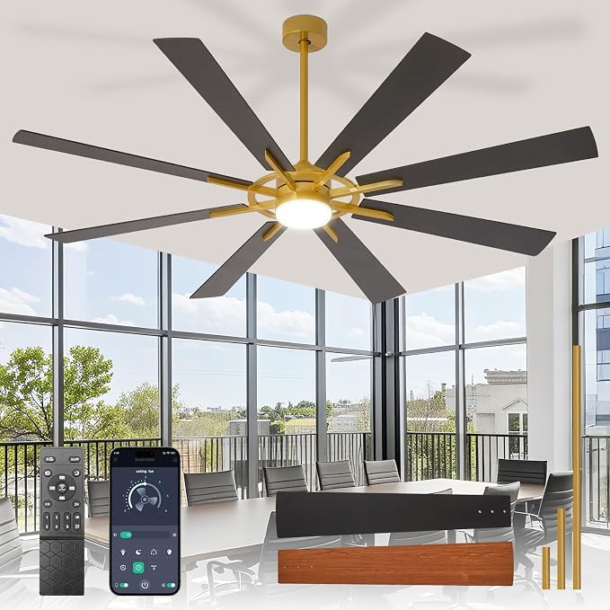 Large Ceiling Fans with Lights: Modern 72 Inch 8 Blade Outdoor Ceiling Fan with Remote APP Control - Dimmable Black Gold Big Fan light Indoor Reversible 6 Speed Quiet DC Motor