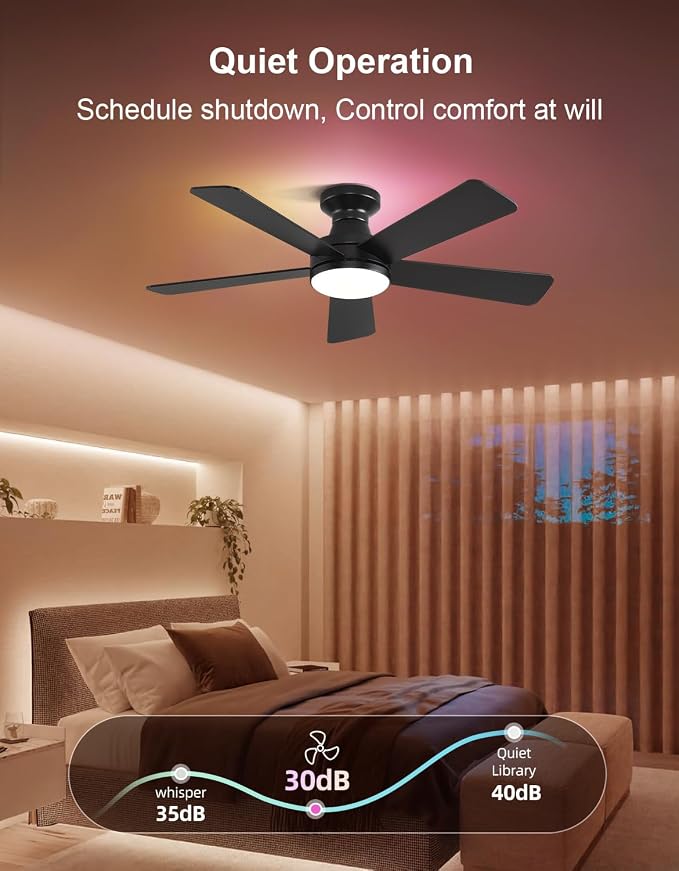 42 inch RGB Ceiling Fan with Light, Voice & App & Remote Control Low Profile Flush Mount Ceiling Fan,6 Speeds Silent Motor, 4-Color Temperature Dimmable for Home Office Party, Black