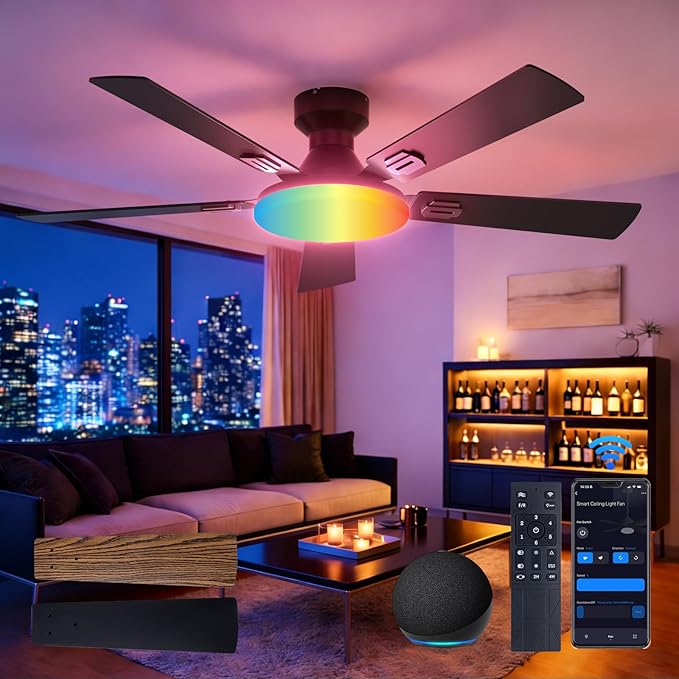 Amico Ceiling Fans with Lights, 52'' Smart RGB Ceiling Fan with Remote/APP/Alexa Control, Flush Mount, Reversible DC Motor, 5 Blades, 6 Speeds, 3CCT, Dimmable, Noiseless, Bedroom, Living Room, Black