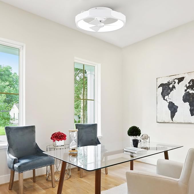 Low Profile White Ceiling Fans with Lights and Remote - 20" Flush Mount Ceiling Fan Bedroom, 3000-6000K Dimmable Fandelier LED Fan Light, 6 Wind Speeds, Modern Ventilador de Techo