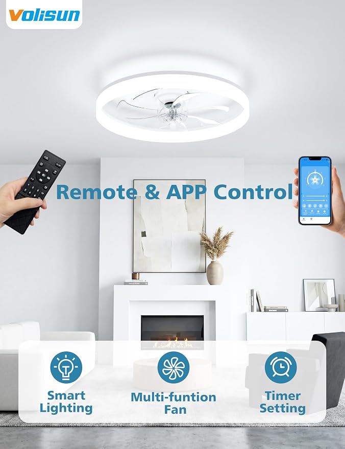 VOLISUN Low Profile Ceiling Fans with Lights and Remote, 24in Fandelier Ceiling Fan with Light, 3000K-6500K Dimmable Bladeless LED Fan Light, White Flush Mount Ceiling Fans with Lights for Bedroom