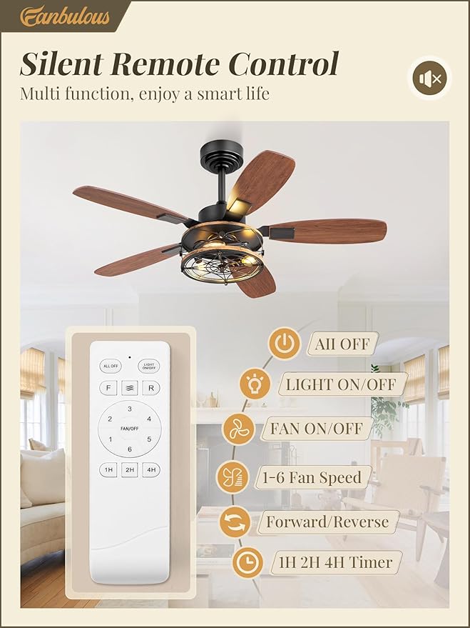 Fanbulous Farmhouse Ceiling Fan with Light and Remote, Industrial Caged Flush Mount Ceiling Fans with 6 Speed Reversible Motor and Dual Finish 5 Blades, for Living room, Bedroom (Black, 42 Inch)