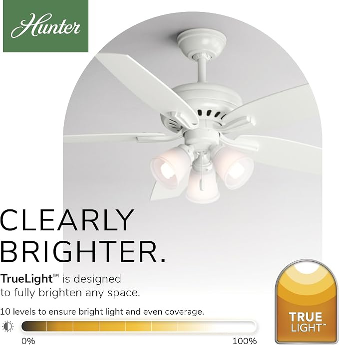 Hunter 52 inch Indoor Ceiling Fan with LED Lights - White Ceiling Fan with Pull Chain, For Bedroom or Living Room, Standard Mount, No Remote, 5 Blades, Includes Bulbs - Newsome 53316, Fresh White | Standard Mount, Pull Chain, 5 Blades, For Bedroom, Liv...