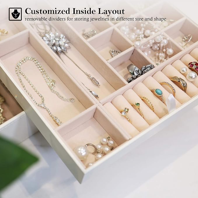 ProCase 2 Layers Jewelry Box for Women -White | Large Leather Jewelry Organizer Storage Case with Removable Pad for Earrings
