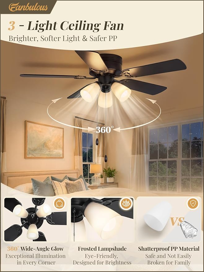 Fanbulous 44" Farmhouse Ceiling Fan with 3 Lights, Shatterproof PP Shades | DC Quiet Motor, 6-Speed Timer, Remote & Pull Chain Control, Low Profile Flush Mount for Bedroom, Living Room, Kitchen, Black