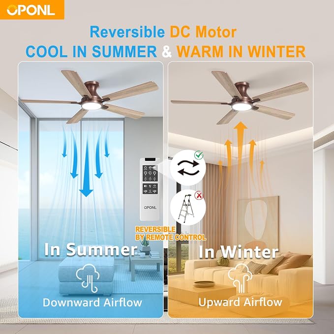 OPONL Ceiling Fan with Light, 52 inch Low Profile Ceiling fan with Light and Remote Control, Reversible, 6CCT, Dimmable, Noiseless, Brown Ceiling Fan for Bedroom, Indoor/Outdoor Use, Modern