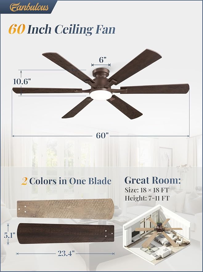 Fanbulous 60 Inch Ceiling Fan with Lights, APP & Remote Control, Flush Mount Low Profile Bronze Ceiling Fan, 3000-6000K Dimmable LED, Quiet Reversible Motor, 6 Blades, 6 Speeds,for Living Room Bedroom
