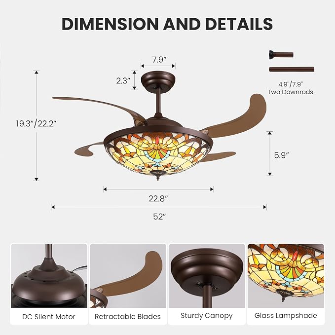 52inch Ceiling Fan Tiffany Style Stained Glass Retractable Ceiling Fans with Remote & Dimmable Light 6-Speed Reversible Motor for Bedroom Dining Room Living Room Kitchen