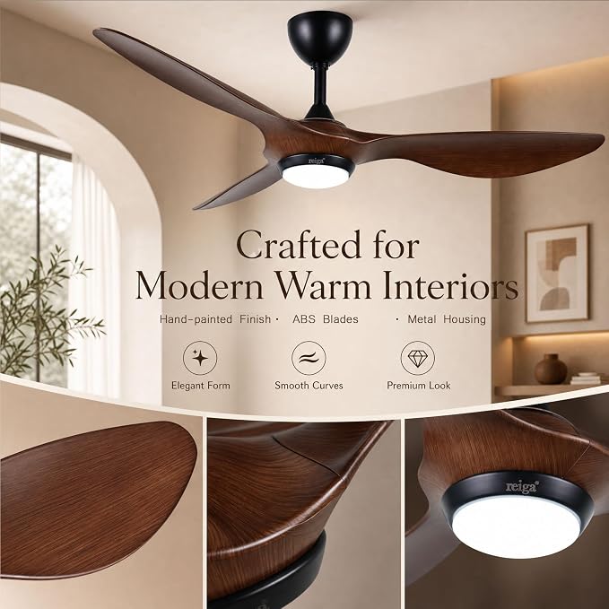 reiga 52" Modern Ceiling Fan with Light, Smart Alexa APP Remote Control | ABS Brown Blades,Metal Fittings,Quiet Energy-Saving DC Motor,6 Wind Speeds Reversible,Dimmable CCT Light,Downrods Included
