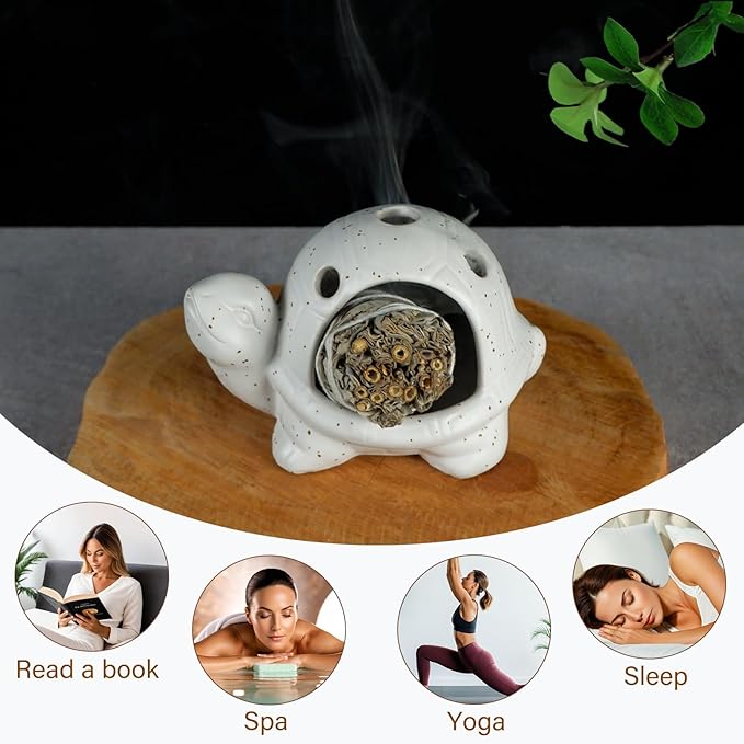 Mougigi Handcrafted White Ceramic Turtle Palo Santo Holder, Sage, Cone Incense and Copal Burner Holder | Ideal for Meditation, Yoga, Aromatherapy & Altar Spaces | Zen-Inspired Home Decor Gift