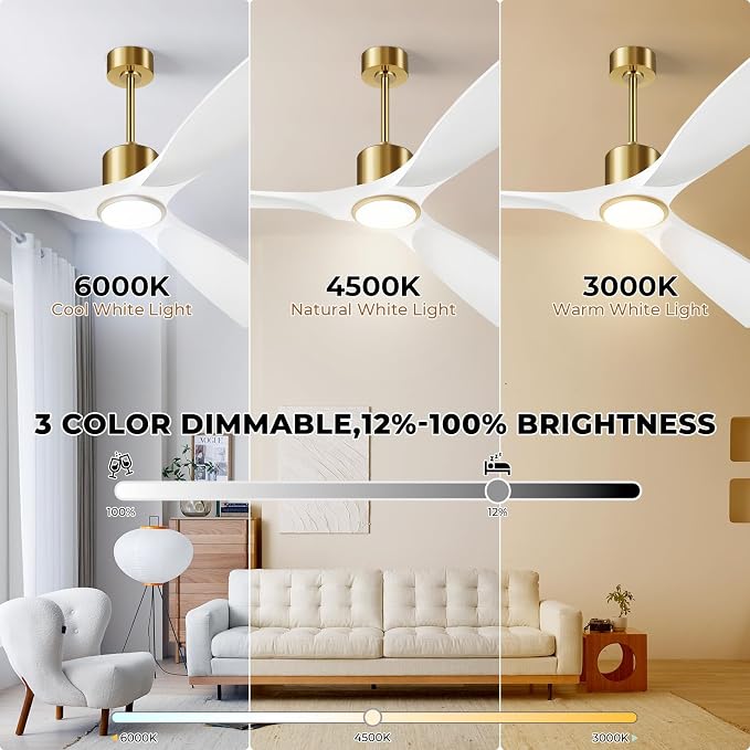 Ceiling Fans with Lights, Ceiling Fans with Lights and Remote Control, 52 inch Modern Smart White and Gold Ceiling Fan, Outdoor Ceiling Fans for Patios 3 Blade Bedroom Farmhouse（White）