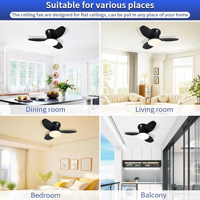 Small Ceiling Fan with Lights, 25" Flush Mount with Remote Control | Reversible Quiet DC Motor,Black,3 Blades,6 Speeds,Dimmable LED,Adjustable Color Temperature,Timer,for bedroom Kitchen indoor