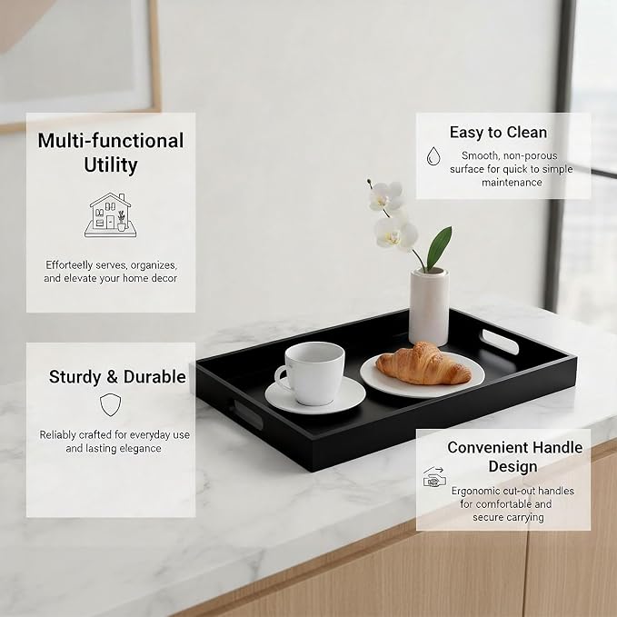 Krismax Wooden Serving Tray with Handles, Serving Platter 15.7x11.4 Inch Food Drinks Tray for Coffee Table,Decorative Storage Tray for Entertaining, Breakfast Tray in Bed,Lunch,Dinner,BBQ(Black)