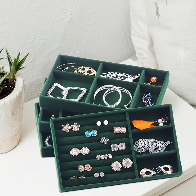 Set of 8 Stackable Jewelry Organizer Stackable Trays for Drawers,Jewelry Drawer Inserts Container Display Case Storage for Earring Necklace Rings Bracelet with Removable Dividers-Green