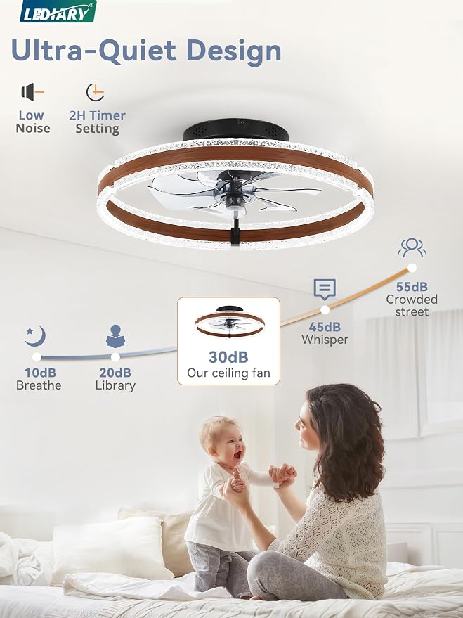 LEDIARY 20" Ceiling Fans with Lights and Remote, Low Profile Ceiling Fan with Light, 3000-6000K Dimmable Fandelier Ceiling Fans, Modern Flush Mount Fan Light for Bedroom with 6 Wind Speeds - Walnut