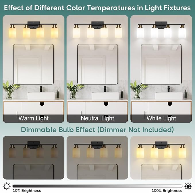 Ascher Bathroom Light Fixtures, 4-Light Vanity Light Over Mirror, Black and Gold Wall Sconces with Milky White Frosted Glass Shades, Wall Lamp for Living Room Bedroom, E26 Base(Bulbs Not Included)