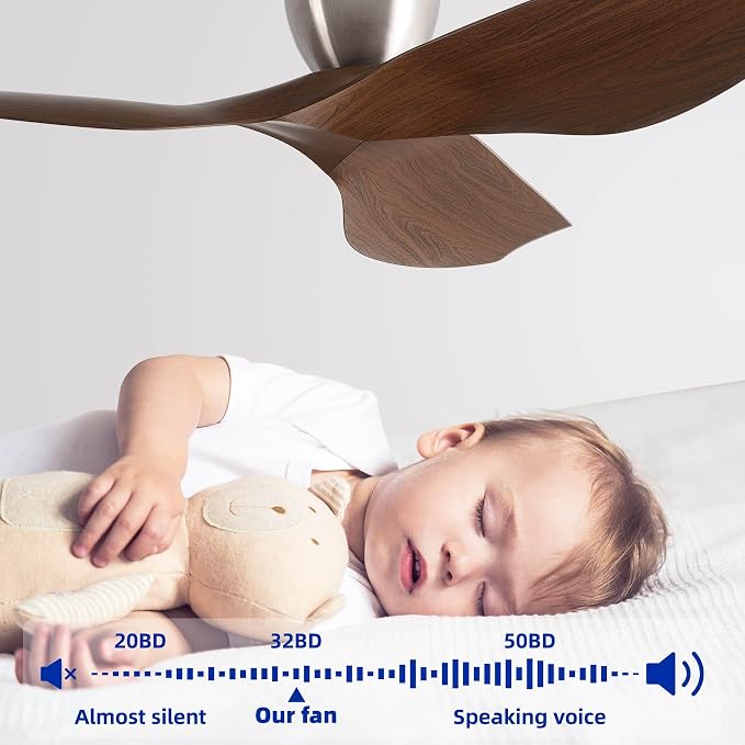 60" Walnut Finish Flush Mount Ceiling Fan with Remote, No Light | Modern Low-Profile, Heat Resistant ABS Blades, 6-Speed Reversible Quiet DC Motor for Balcony, Living Room, Bedroom