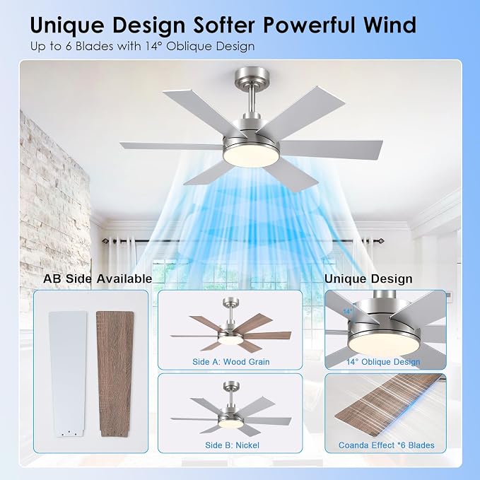 42 inch Ceiling Fans with Lights, Ceiling Fan with Remote APP, Dual-Sided Modern/Rustic 6 Blades, Reversible, 3CCT, Sloped Flush Mount Low Profile Ceiling Fan with Lights Bedroom Kitchen Indoor Nickel
