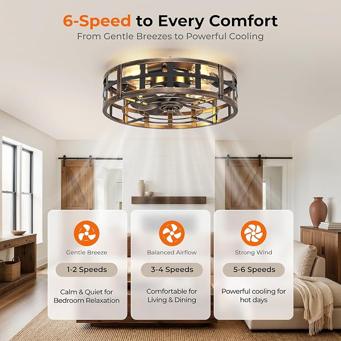 BLNAN 20" Farmhouse Ceiling Fan with Lights and Remote, Industrial Caged Low Profile Flush Mount Industrial Fandelier, 6 Speeds Bladeless Fan Lights for Bedroom, Kitchen, Living Room, Black Gold