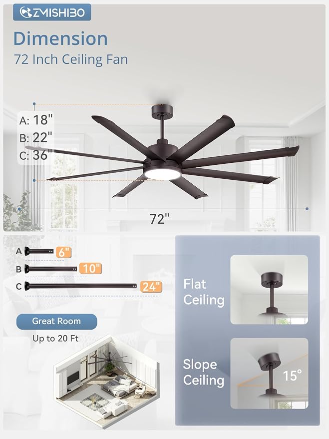 ZMISHIBO 72 Inch Ceiling Fans with Lights, Indoor/Outdoor Industrial Ceiling Fan with 8 Aluminum Reversible Blade, Quiet DC Motor, 3CCT&6-Speed Remote Control, Damp Rated for Living Room/Garage/Gazebo