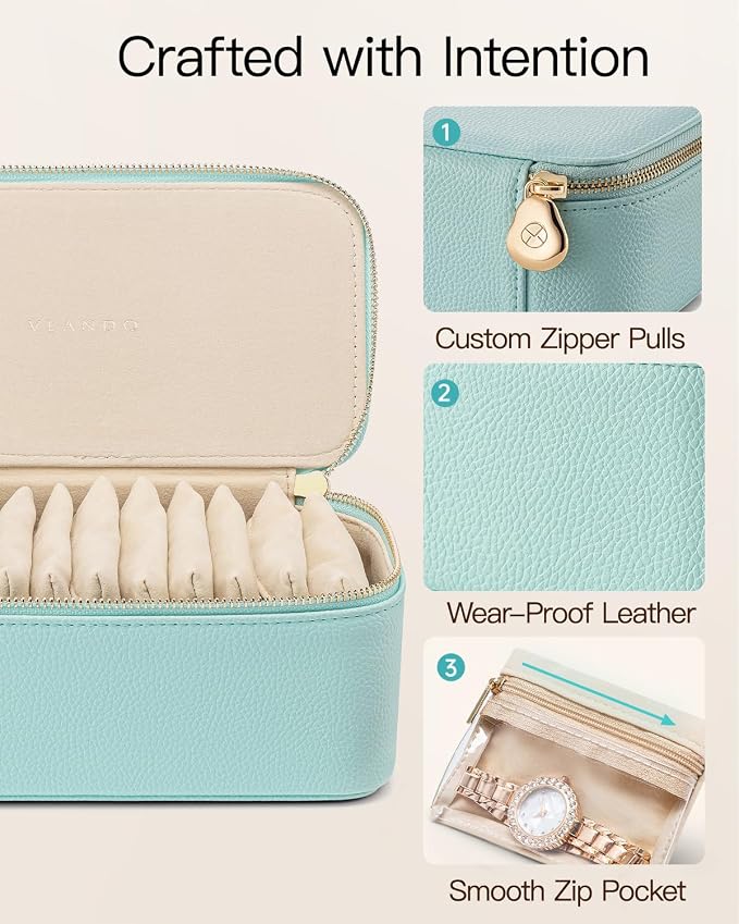 VLANDO Travel Jewelry Organizer with 12 Velvet Jewelry Bags Travel Jewelry Case for Girls Jewelry Storage Necklace Rings Earrings Bags Gifts for Women Daughter Friends(Lake Blue)