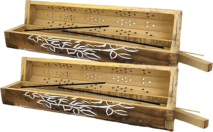2 Pack Wooden Coffin Incense Sticks Burner - 12 Inches Carved - Storage Compartment (Carved Bird on Branch)