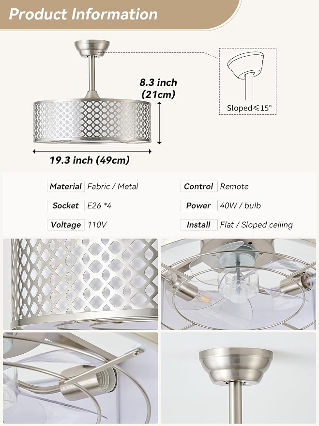 Silver Fandelier Ceiling Fan with Light, 20" Caged Boho Ceiling Fans with Lights and Remote, Mid Century with 6 Speeds for Bedroom, Living Room, Nursery