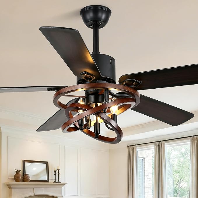 Dawn Whisper 52 Inch Farmhouse Ceiling Fans with Lights Modern Black Rustic Chandeleir Ceiling Fan for Living Room Bedroom Reversible DC Motor 6 Speeds