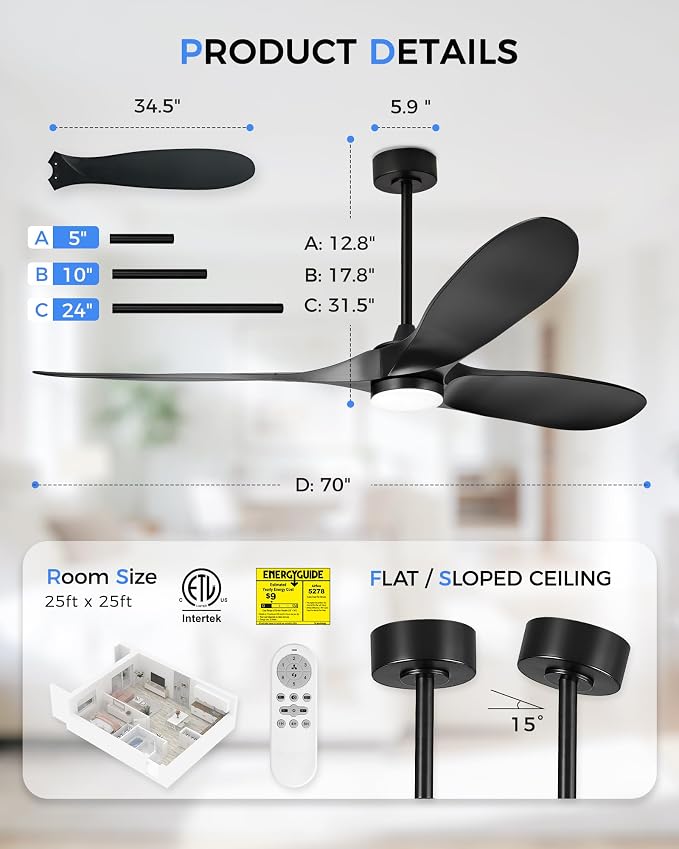 JAZAVA 70'' Coastal Grade Ceiling Fan with Light and Remote, Corrosion Resistant Indoor Outdoor Fan, Quiet DC Motor, 3CCT Dimmable LED, 3-Blade Fan for Living Room, Great Room, Patio, ZCCF08BK-70