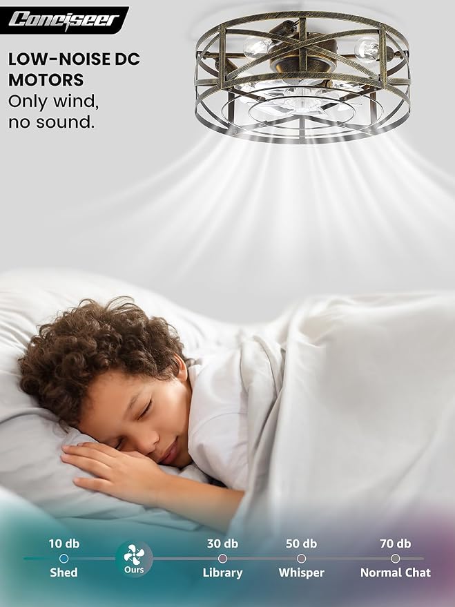 Conciseer 16 Inch Caged Ceiling Fans with Lights and Remote, Flush Mount, Low Profile 7 Blades 6 Speed Reversible Quiet DC Motor for Bedroom, Kitchen and Living Room, White/Gold