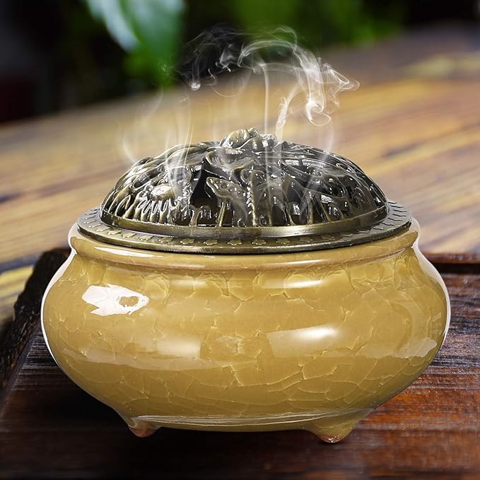Miupoo Incense Burner and Cone Incense Holder with Brass Incense Stick Holder Ceramic Ash Catcher,Yellow