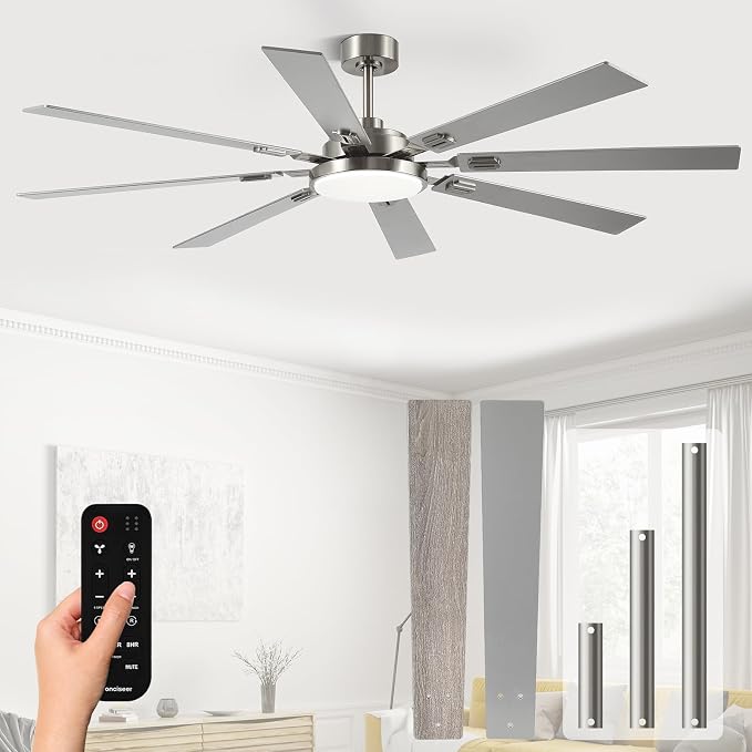 72 Inch Ceiling Fans with Lights and Remote, Dual Color 8 Blades, Bedroom Living Room Office Library Cafe Outdoor Industrial, 3CCT Dimmable, 6 Speed Reversible Quiet DC Motor, Sand-nickel/Wood Grain