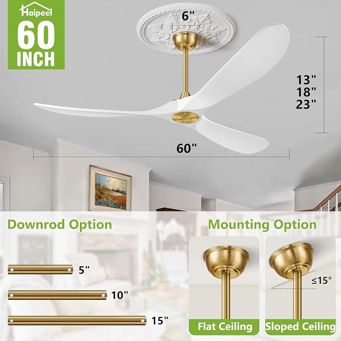 Haipeel 60" Wood Ceiling Fan no Light, 60 Inch Ceiling Fans without Lights with Remote Control, Indoor Outdoor Ceiling Fan no Light for Bedroom Porch Modern Propeller 3 Blade ETL DC Motor, White Gold