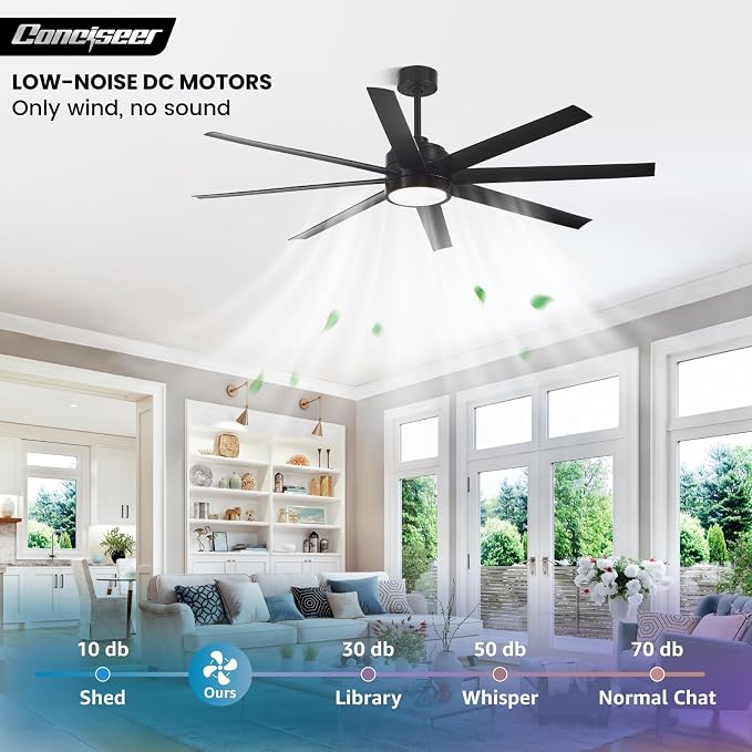 Modern Ceiling Fans with Lights, 65 Inch Ceiling Fan with Light and Remote for Bedroom Living Room Kitchen Office, Indoor/Outdoor Use, 24W 6CCT 8 Blades 6 Speed Reversible Quiet DC Motor, Black