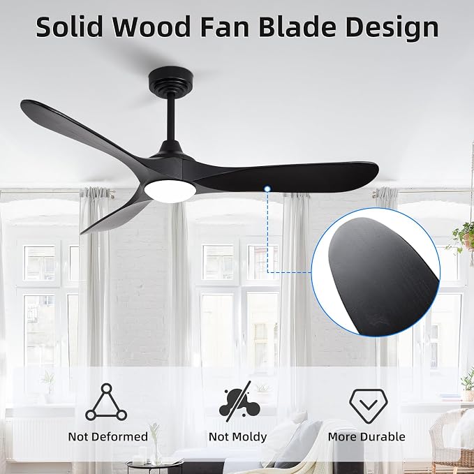 52” Outdoor Ceiling Fan with Light and Remote via WiFi Alexa, 3 Black Solid Wood Blade, Noiseless Reversible Dc Motor, Smart Outdoor Wood Ceiling Fan for Farmhouse Patios, Black