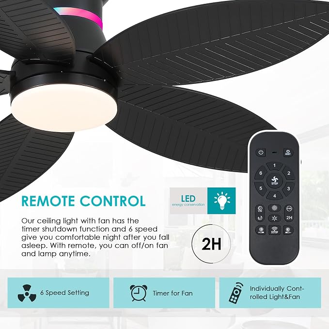 Surtime 46" Black Ceiling Fans with RGB Lights - Flush Mount Ceiling Fan Light with LED 3CCT Dimmable, Tropical Palm Leaf Ceiling Fans for Indoor Party,Covered Outdoor