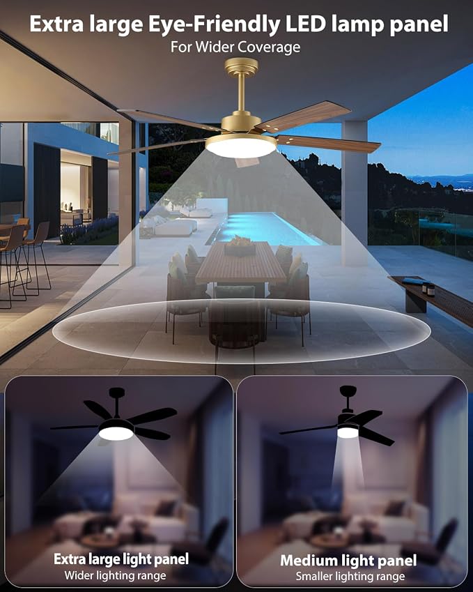 52 Inch Gold Ceiling Fans with Lights and Remote/APP, Modern Sleek Black and Gold Ceiling Fan, ETL Listed, Indoor Smart Black Ceiling Fan for Home Decoration Bedroom Living Room, 3CCT, 6 Speeds