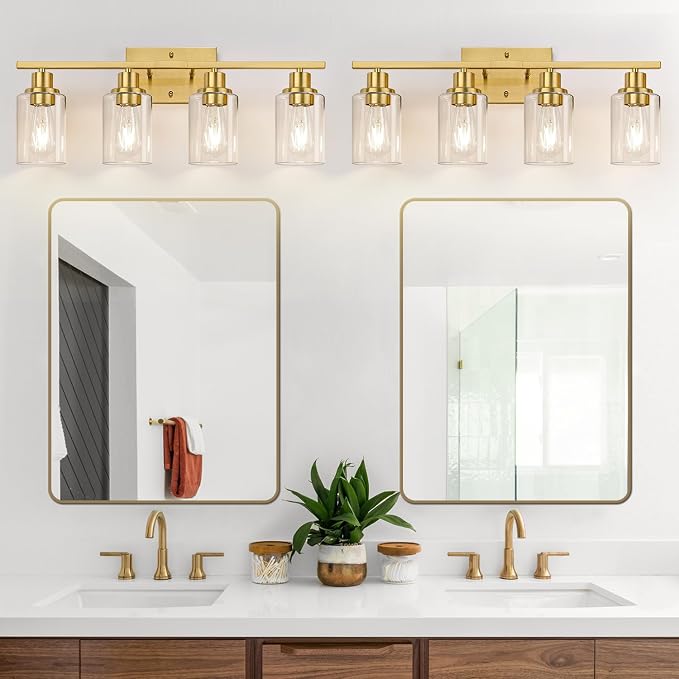 Indoi 4-Light Bathroom Light Fixtures, Brushed Gold Modern Vanity Lights with Clear Glass Shades, Bathroom Wall Lamp for Mirror Living Room Cabinet Bedroom Porch