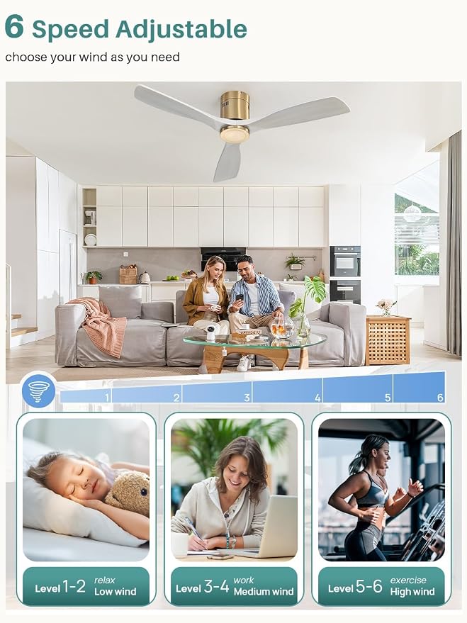Sofucor 52 Inch Smart Ceiling Fan Without Lights Flush Mount Solid Wood Ceiling Fan with Alexa/Google Assistant/APP/Remote Control-Modern Outdoor Ceiling Fans No Light for Bedroom/Patio, Grey Gold
