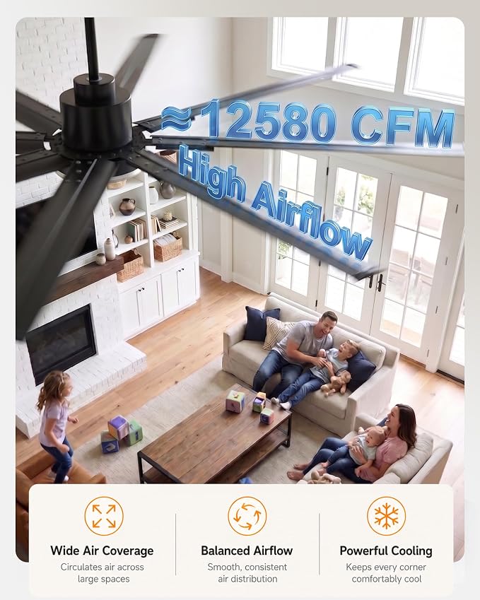 84 Inch Industrial HVLS Ceiling Fan No Light, Large High CFM Commercial Fan with 8 Aluminum Metal Blades, BLDC Motor Big Rooms Outdoor Fan Wihtout Lights for Porch Garage Shop Barn, Matte Black