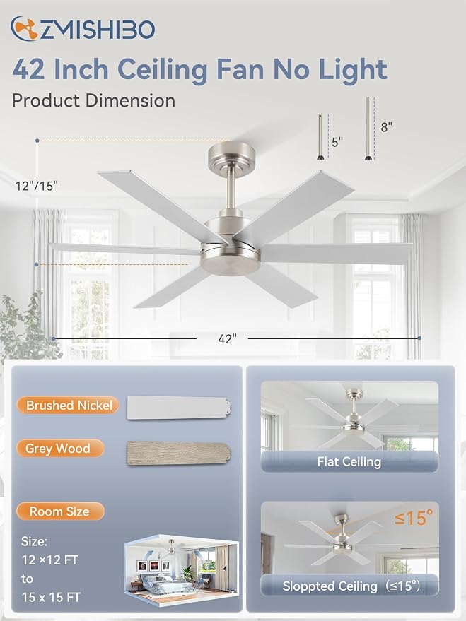 ZMISHIBO 42 Inch Ceiling Fan No Light, Brushed Nickel Ceiling Fan Wthout Light, 6 Blades, Quiet Reversible DC Motor, 6-Speeds, Modern Ceiling Fans for Living Room, Bedroom, Workshop, Indoor/Outdoor