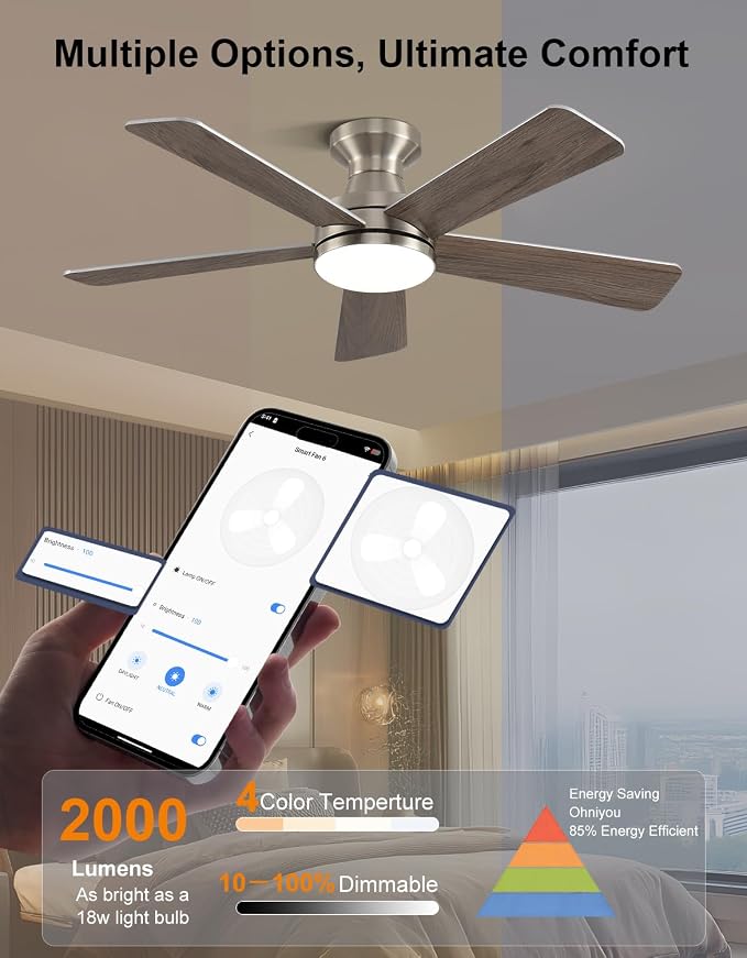 42 inch RGB Ceiling Fan with Light, Voice & App & Remote Control Low Profile Flush Mount Ceiling Fan,6 Speeds Silent Motor, 4-Color Temperature Dimmable for Home Office Party, Brush Nickel