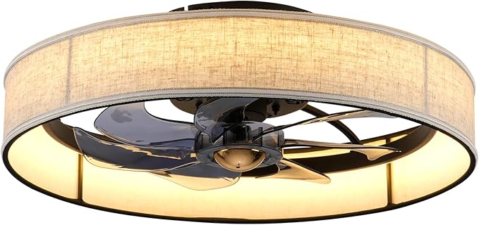 19.6" Flush Mount Caged Ceiling Fan with Light and Remote,Boho Farmhouse Bladeless Fabric Design, Dimmable LED 3 Colors,6 Speeds, Low Profile fandaliers Ceiling Fan for Bedroom Living Room
