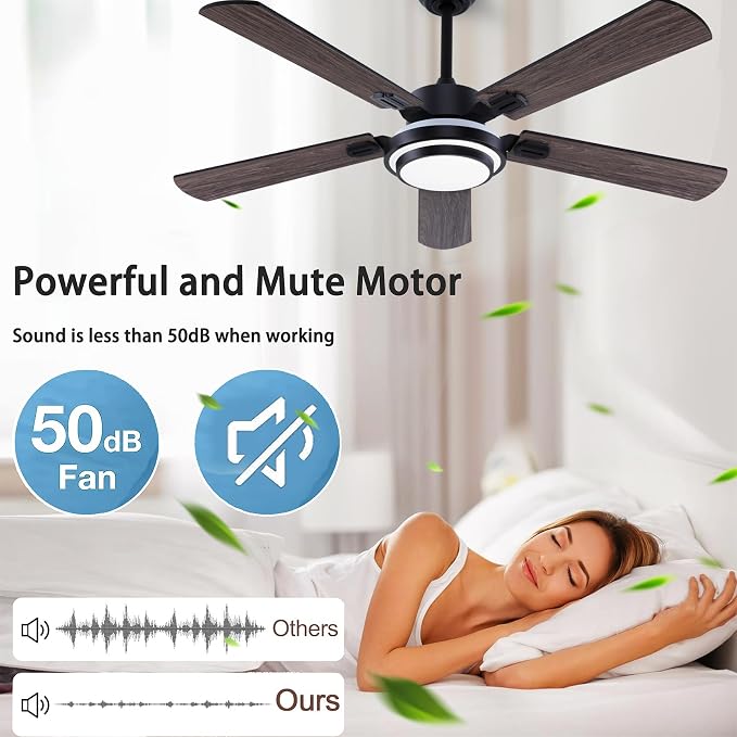 QUTWOB 52" Brushed Nickel Ceiling Fans,Farmhouse 5 Blades Ceiling Fans with Lights, Indoor/Outdoor Ceiling Fan with Remote Control for Patio, Bedroom,Living Room,Dining Room,etc. (Black)