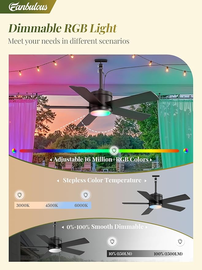 Fanbulous 42" Outdoor Ceiling Fans with Lights, APP Remote Control, IP65 Waterproof, RGB Dimmable Light, Plug-and Play,10FT Cord, 6-Speeds, 3CCT, Hook Hanging Fan for Gazebo Patio Porch Canopy(Black)