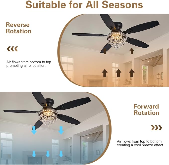 Crystal Ceiling Fan Fandelier with Lights-Ceiling Fans with Lights,54" Low Profile and Remote Control, Flush Mount, Reversible, Dimmable, Noiseless, Black Ceiling Fan for Bedroom