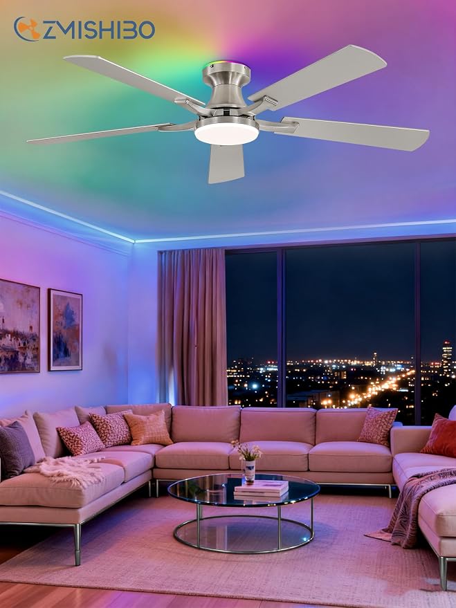 ZMISHIBO 52 Inch Ceiling Fan with RGB Lights, Low Profile Flush Mount with Alexa/App/Remote, Dimmable 20W LED Light, Nickel Modern for Living Room, Bedroom, Game Room