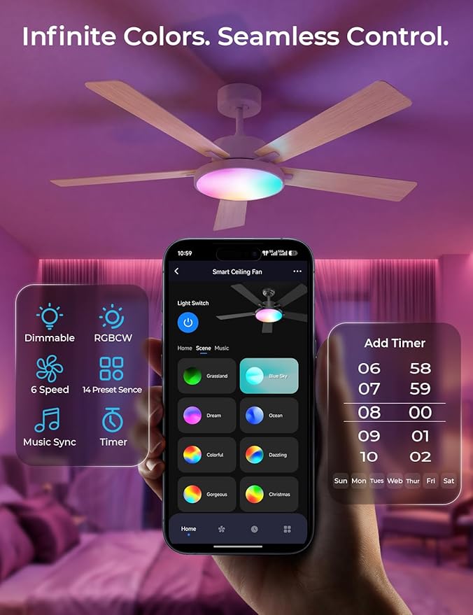 CINOTON Smart Ceiling Fan with Lights, 52'' RGBCW Ceiling Fan with Lights and Remote App Voice Control, Reversible DC Motor, 2600lm LED, 6 Speeds & 2 Fan Mode, Quiet Fan for Bedroom, Living Room White
